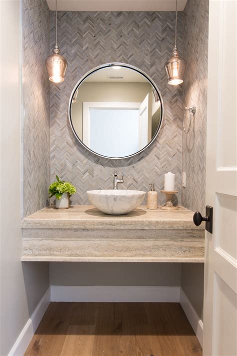 Herringbone Pattern Tile Powder Room Beach Style With