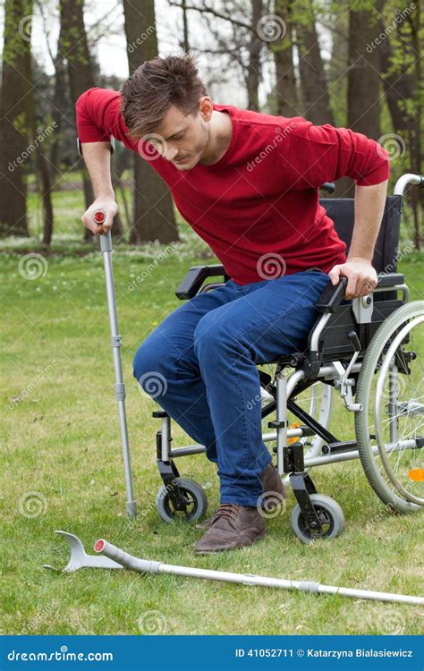 Disabled Man On Crutches In Garden Stock Image Image Of Caucasian