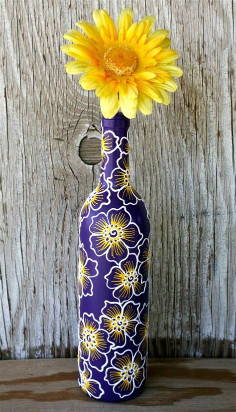Painted Wine Bottle Vase Up Cycled Purple White And Yellow Etsy
