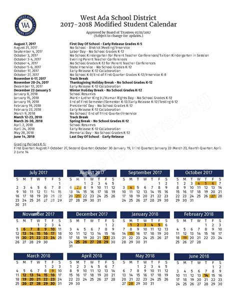 2017 2018 Modified School Calendar Dates West Ada School District