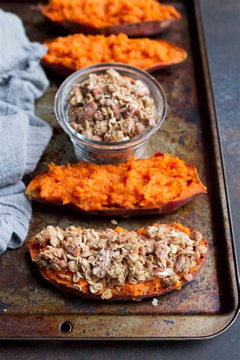 Twice Baked Sweet Potatoes With Pecan Streusel Topping