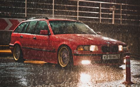 Bmw E36 Touring Red Color Raining Night Wallpaper Cars Wallpaper