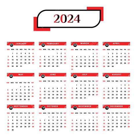 Kalender 2024 Dengan Gaya Geometris Unik Merah Dan Hitam Vektor