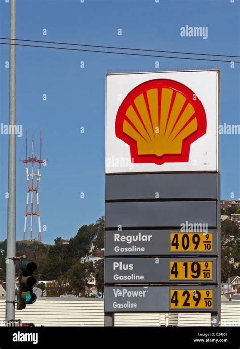 Shell Gas Station Sign Showing Gasoline Prices Over 4 Per Gallon Stock