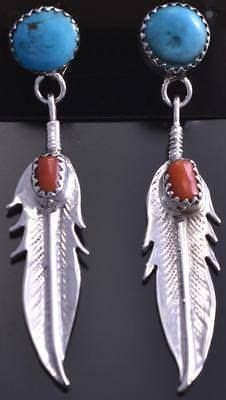 Silver Turquoise Coral Feather Navajo Earrings By Roger Pino 8C21E