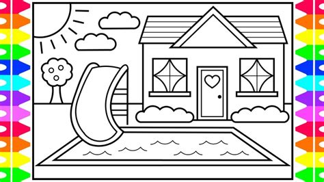 How To Draw A Cute House With A Pool For Kids 💜💙💚cute House With A Pool