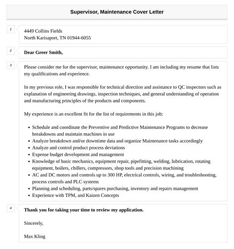 Supervisor, Maintenance Cover Letter | Velvet Jobs