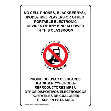 Bilingual Vertical Sign No Cell Phones Allowed In This Classroom