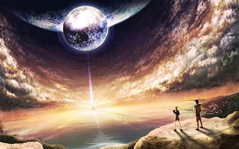 Wallpaper Sunlight Anime Planet Earth Moon Cliff Atmosphere