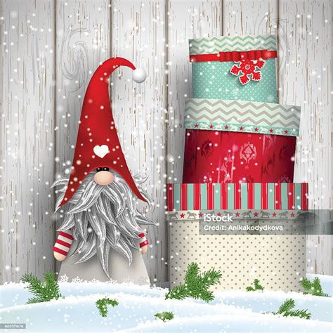 Scandinavian Christmas Traditional Gnome Tomte With Stack Of Colorful