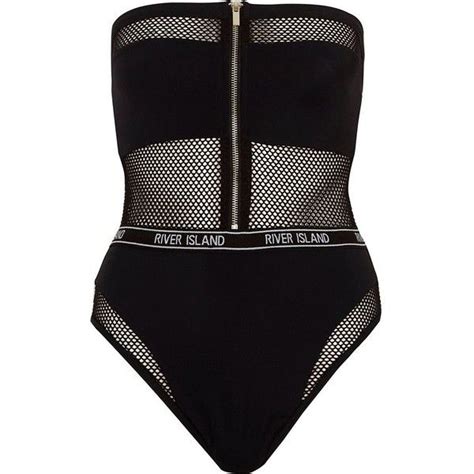River Island Black Mesh Bandeau Zip Front Swimsuit 70 Liked On