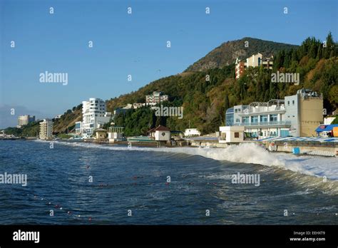 Public Beach In The Resort Town Of Alushta Crimea Russia Stock Photo