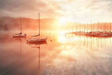 Morning Foggy Lake Boat Sunrise Songquan Photography