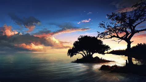 Nature Scenery Painting Night Trees Lake Clouds Wallpaper Art And