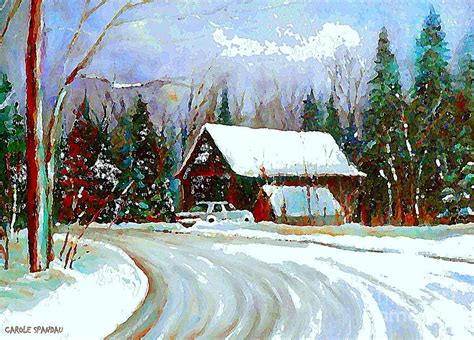 Christmas Trees Cozy Country Cabin Painting Winter Scene Quebec
