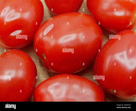Close Up Of Roma Tomatoes Also Called Italian Or Plum Tomatoes Stock
