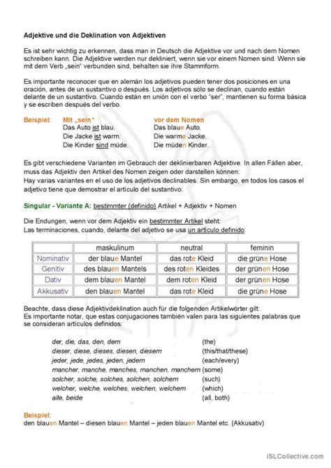 Adjektiv Deklination auf zwei Sprach Deutsch DAF Arbeitsblätter pdf doc