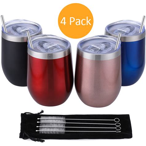 Stainless Steel Wine Glass With Straws Setinsulated Wine Tumbler 12 Oz