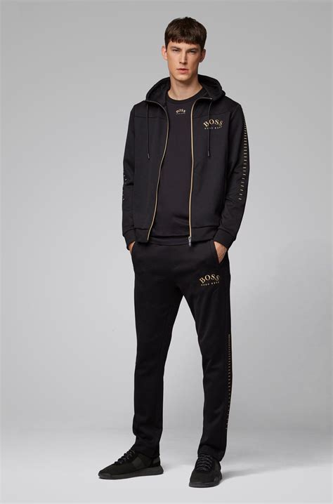 Boss By Hugo Boss Cotton Curved Logo Zip Up Hoodie In Black For Men