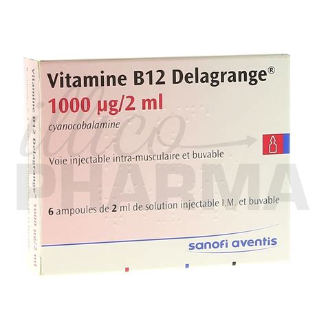 Vitamine b12, ook wel cobalamine, is een groep van wateroplosbare vitaminen die een belangrijke rol speelt bij de stofwisseling. Vitamine B12 Delagrange 1000 ug/2ml - Sanofi Aventis - Prix