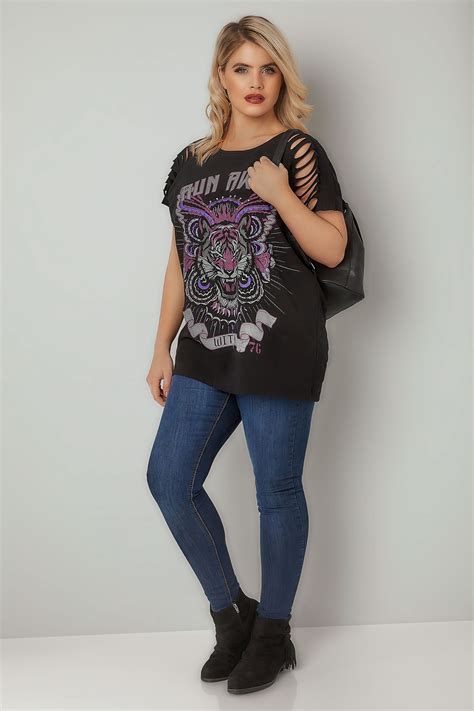 Black Slogan Print T Shirt With Ripped Shoulders Plus Size 16 To 36