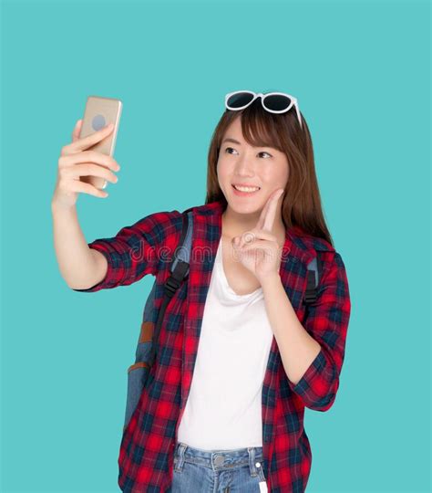Beautiful Portrait Young Asian Woman Cheerful Smiling And Take Selfie On Smart Mobile Phone