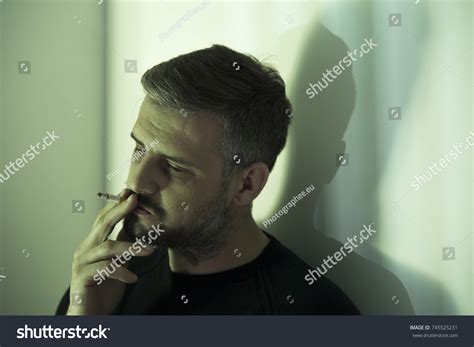 Nervous Man Depression Smoking Cigarette During Stock Photo 745525231
