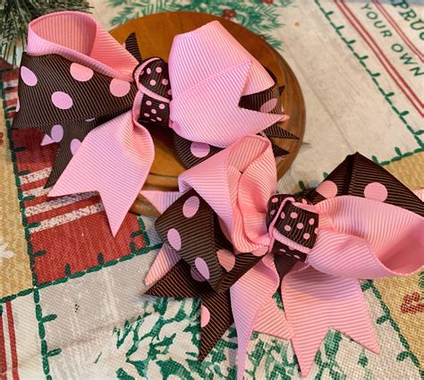 2 Pink Brown Polka Dot Bows Girls Handmade Hair Bows New Etsy