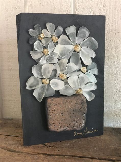 Beach Glass Daisies On Salvage Wood Sea Glass Crafts Sea Glass Art Stained Glass Art Fused