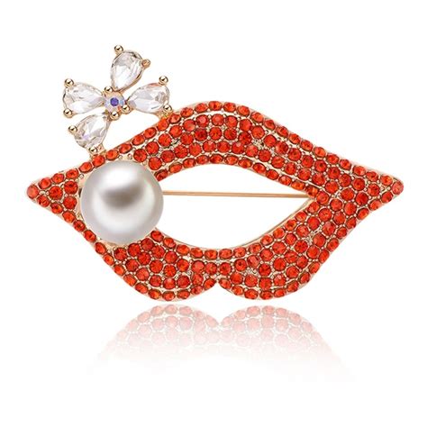 fashion full rhinestone red lip simulated pearl brooch kiss lipstick brooch for women lapel pins
