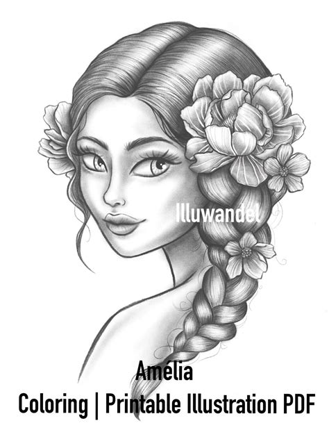 Amelia Coloring Page For Adults Grayscale Coloring Page Instant Download Illu Wandel Art Jpeg