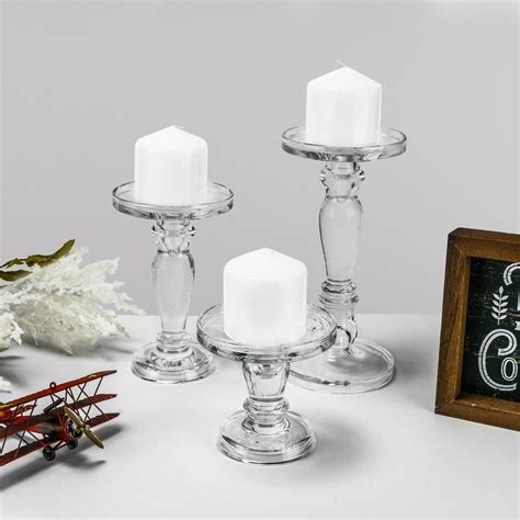Glass Candle Holder Set Of 3 Pillar Holders Candlesticks Stemmed Candle