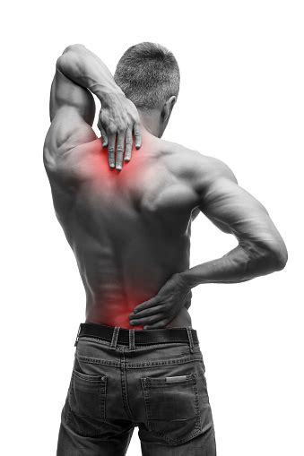 Middle Aged Man With Back Pain Muscular Male Body Isolated Stock Photo