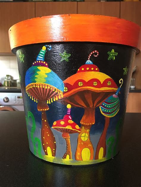 Painted Pot Midnight Mushrooms Painted Pots Painted Terra Cotta