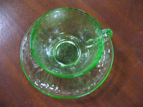 Vintage Hazel Atlas Vaseline Glass Teacup And Saucer Set Etsy