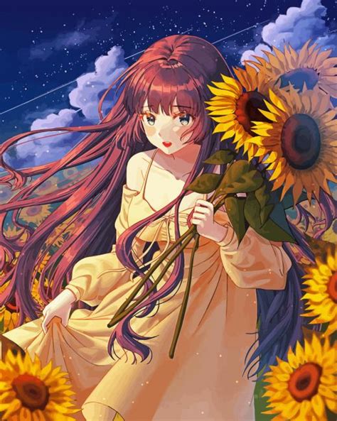 Aesthetic Sunflower Anime Girl Illustration Paint By Numbers My Paint