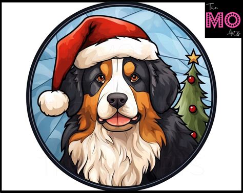5 Bernese Mountain Dog Santa Hat Round Circle Stained Glass Etsy