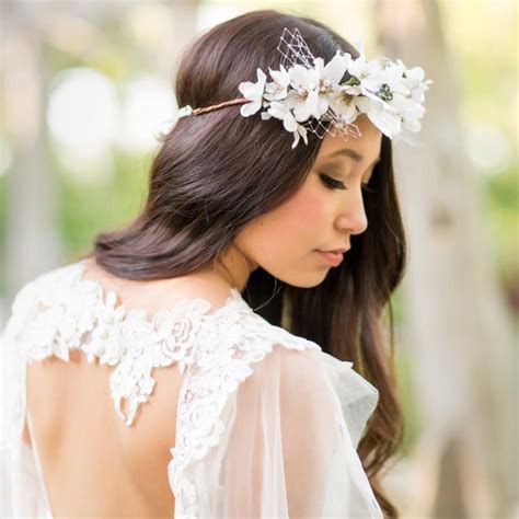 Ivory Bridal Flower Crown With Pearls And Veiling Bohemian Bridal