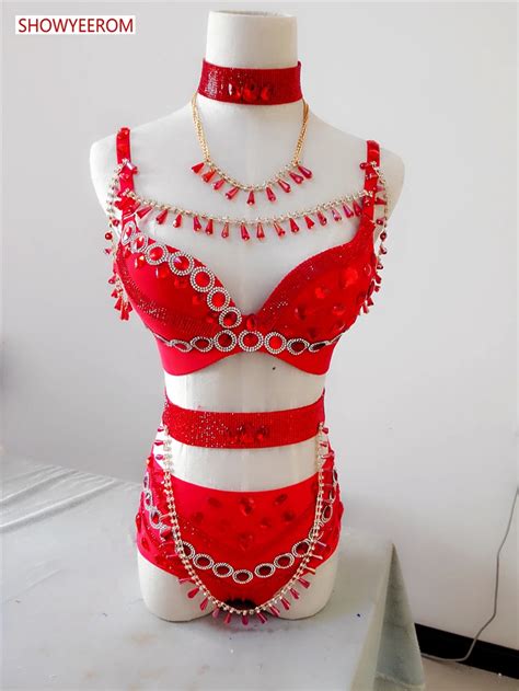 Women Sexy Rhinestones Red Bikini Outfit Nightclub Dance Costumes Stage Wear Female Singer