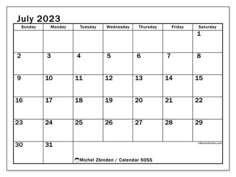 July 2023 Printable Calendar “51ss” Michel Zbinden Sg