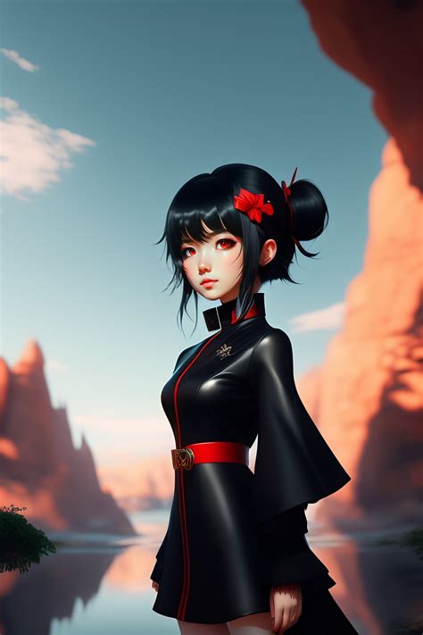 Lexica Cute Anime Girl With Red Eyes Black Hair Wearing Black Red