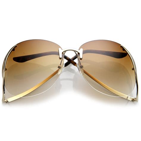 Women S Rimless Curved Metal Arms Round Tinted Lens Oversize Sunglasses
