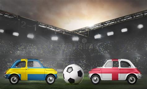 The stands in the football stadium are on two levels with space for several stores on level one. Sweden And England Cars On Football Stadium Stock Photo ...