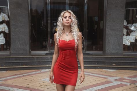 wallpaper blonde red dress tight dress portrait necklace women outdoors wavy hair