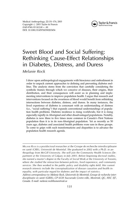 Pdf Sweet Blood And Social Suffering Rethinking Cause Effect
