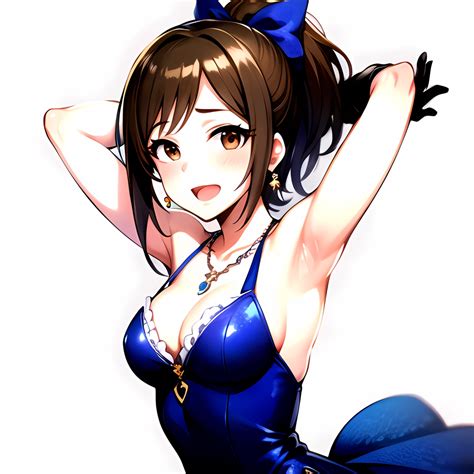 1girl absurdres armpits arms up ayase honoka black gloves blue bow blue dress blush bow breasts