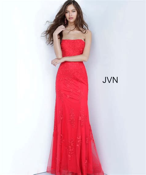 JVN Dress JVN Red Lace Strapless Straight Neckline Prom Dress