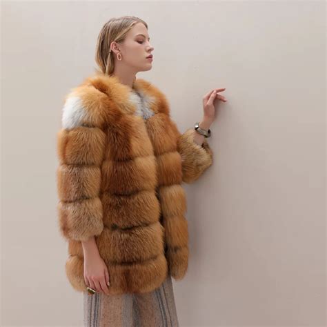 80cm european gorgeous design natural fur coat for women real red fox fur long coats female
