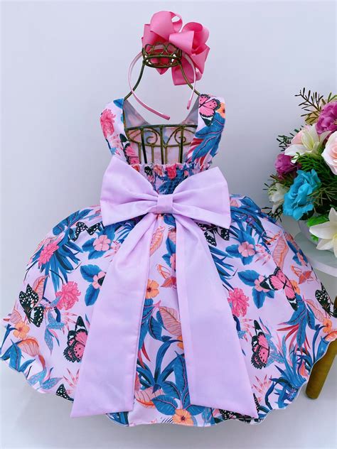 Vestido Infantil Rosa Florido Borboletas Cinto Pérolas Luxo Rosa Charmosa Atacado