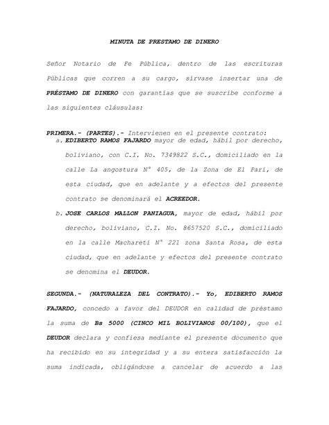 Minuta De Prestamo De Dinero Minuta De Prestamo De Dinero Señor Notario De Fe Pública Dentro